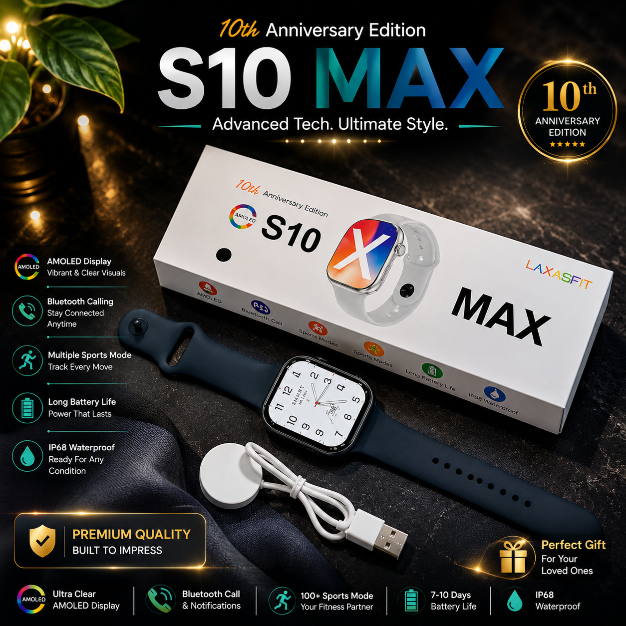 S10 Max Premium Smartwatch – Midnight Black
